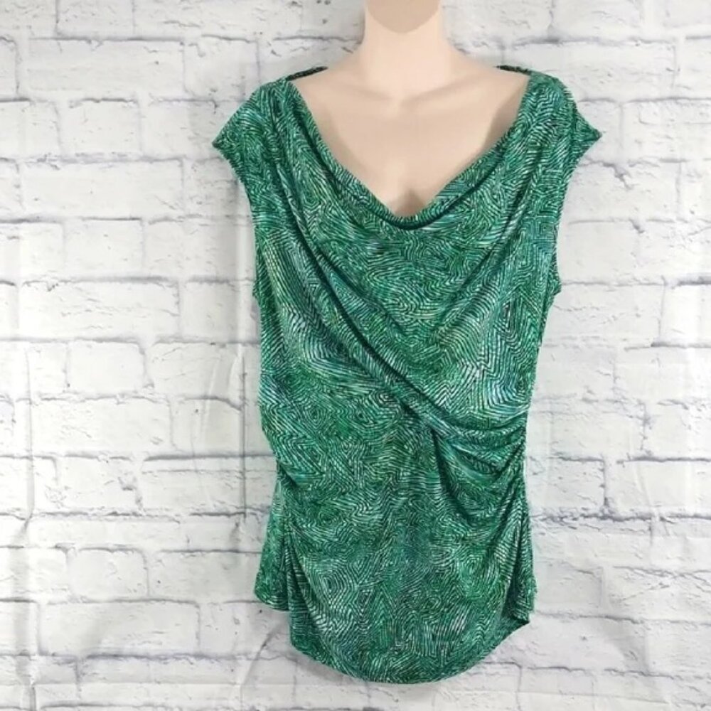 Chaus Green/Black Geometric Print Drape Neck M